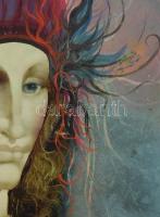 Jelzés nélkül: Női szürrealista portré. Olaj, farost. Dekoratív, kissé sérült fakeretben, 43×40 cm