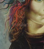 Jelzés nélkül: Női szürrealista portré. Olaj, farost. Dekoratív, kissé sérült fakeretben, 43×40 cm