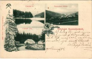 1900 Szomolnok, Schmölnitz, Smolník; Uhornai tó, Uhornai vám, látkép. Kiadja Wlaszlovits Gusztáv 1041. / Úhorná tax office and lake, general view. Art Nouveau, floral (EK)