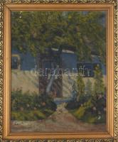 Olvashatatlan jelzéssel: Virágos udvar. Olaj, vászon. Kissé sérült. Dekoratív, kissé sérült fakeretben, 50×40 cm