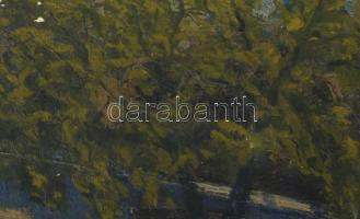 Olvashatatlan jelzéssel: Virágos udvar. Olaj, vászon. Kissé sérült. Dekoratív, kissé sérült fakeretb...