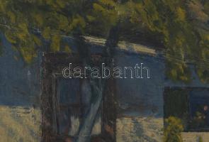 Olvashatatlan jelzéssel: Virágos udvar. Olaj, vászon. Kissé sérült. Dekoratív, kissé sérült fakeretb...