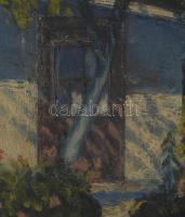 Olvashatatlan jelzéssel: Virágos udvar. Olaj, vászon. Kissé sérült. Dekoratív, kissé sérült fakeretb...