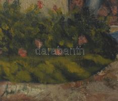 Olvashatatlan jelzéssel: Virágos udvar. Olaj, vászon. Kissé sérült. Dekoratív, kissé sérült fakeretb...