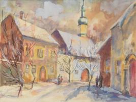 Jelzés nélkül: Kisvárosi utca járókelőkkel. Akvarell, papír. Dekoratív fakeretben, 17×35,5 cm