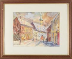 Jelzés nélkül: Kisvárosi utca járókelőkkel. Akvarell, papír. Dekoratív fakeretben, 17×35,5 cm
