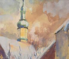 Jelzés nélkül: Kisvárosi utca járókelőkkel. Akvarell, papír. Dekoratív fakeretben, 17×35,5 cm