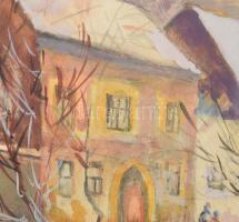 Jelzés nélkül: Kisvárosi utca járókelőkkel. Akvarell, papír. Dekoratív fakeretben, 17×35,5 cm