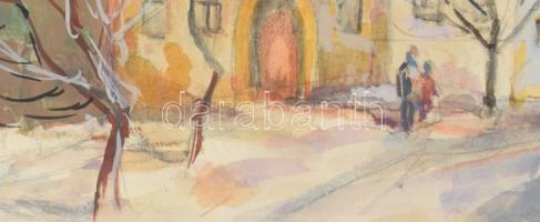 Jelzés nélkül: Kisvárosi utca járókelőkkel. Akvarell, papír. Dekoratív fakeretben, 17×35,5 cm