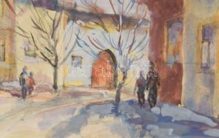 Jelzés nélkül: Kisvárosi utca járókelőkkel. Akvarell, papír. Dekoratív fakeretben, 17×35,5 cm