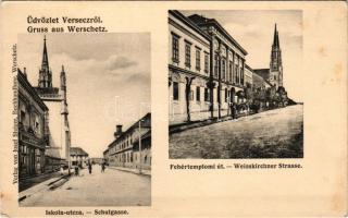 Versec, Vrsac; Iskola utca, Fehértemplomi út, Pietát üzlet. Josef Steiger kiadása / streets, shop (fl)