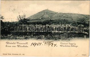 1901 Versec, Vrsac; Verseci hegység. Wilhelm Wettl kiadása No. 60. / mountain + "BÁZIÁS - BUDAPEST 180" vasúti mozgóposta bélyegző (fl)