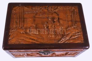 Nagyméretű kínai faragott ébenfa ékszere doboz, 30x20x16 cm