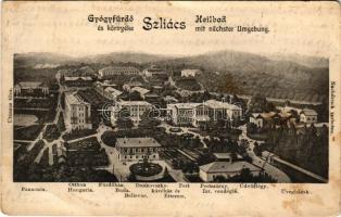 1904 Szliácsfürdő, Kúpele Sliac; gyógyfürdő és környéke. Pannonia, Otthon, Hungaria, Fürdőház, Buda, Bellevue, Bristol, Újpest, Huszka vendéglő, Amália, Strauss, Dankovsky kávéház és étterem, Pest és Pestszárny szálloda, Izraelita (zsidó) vendéglő, Üdvözlégy, Üvegház kertész lak / spa, hotels, Jewish restaurant, greenhouse, café (tűnyomok / pinmarks)
