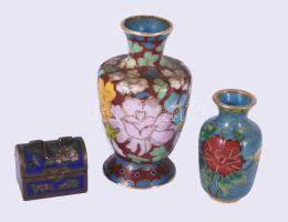 3 darab kínai cloisonne váza és doboz, m: 8 cm alatt
