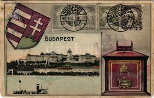 Budapest I. Királyi vár, gőzhajó, címeres, bélyeges és postaládás montázs (r)