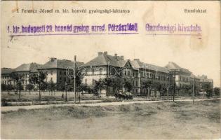 Budapest IX. Ferenc József m. kir. honvéd gyalogsági laktanya, homlokzat. Schäffer Ármin kiadása + "M. kir. budapesti 29. honvéd gyalog ezred Pótzászlóalj Gazdasági hivatala" (gyűrődések / creases)