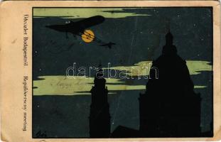 1915 Budapest, Repülőverseny meeting. Sziluettes művészlap, hátoldalán Wágner a hangszerkirály reklámja s: Bér (b)