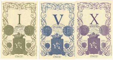 2007. Ónod I Poltura + V Poltura + X Poltura, mind sorszám nélkül, mindegyik előlapján "Az 1707. évi ónodi országgyűlés 300. évfordulója" felülbélyegzéssel, mindegyik hátlapján "Ónod Község Önkormányzata" felülbélyegzéssel T:UNC,AU