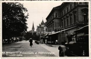 Brassó, Kronstadt, Brasov; Promenada si Restaurantul Transilvania / Sétatér, Transylvania kávéház és étterem, automobil / promenade, café and restaurant, automobiles