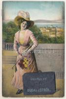 Budapest - Budapesti üdvözlet - olasz leporello hölggyel, 10 kis képpel (tűnyomok / pinmarks)