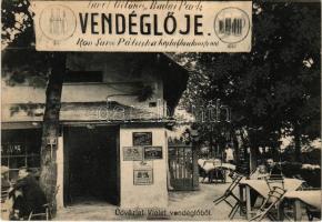 1928 Budapest II. Violet vendéglő (özv. Violet Ottóné budai parkvendéglője), kert Dreher sör, Haggenmacher, Részvény udvari sör reklámmal, pincérrel. Hidegkúti út 1.