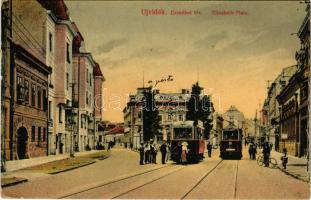 1919 Újvidék, Novi Sad; Erzsébet tér, villamos, férfi kerékpárral. Fischer Sándor kiadása / Elisabeth Platz / square, tram, man with bicycle (EK)