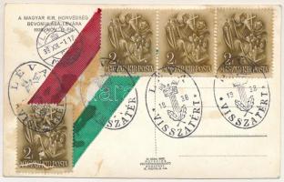 1938 Léva, Levice; bevonulás, hátoldalon magyar zászlós szalag és visszatért bélyegzés / entry of th...