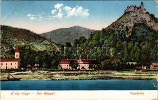 1913 Vágváralja, Vág-Podhragy, Povazské Podhradie (Vágbeszterce, Povazská Bystrica); Podrágyvár, templom, kastély, Vágvölgy. Waldapfel Gyula kiadása / castle, church in Váh Valley (szakadás / tear)
