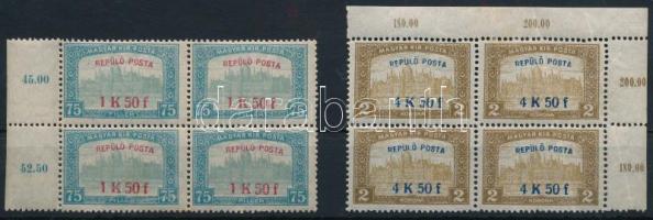 1918 Repülő posta sor ívszéli 4-es tömbökben (88.000) / Mi 210-211 margin block of 4
Certificate: G...