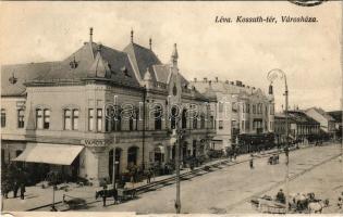 1917 Léva, Levice; Kossuth tér, városháza, piac, Vámos M., Kovács Sándor üzlete. Schulcz Ignác kiadása / square, town hall, market, shops (EK)