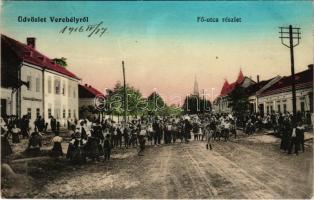 1916 Verebély, Vráble; Fő utca, Takarékpénztár, üzletek. Hungária könyvnyomda kiadása / main street, savings bank, shops (EK)