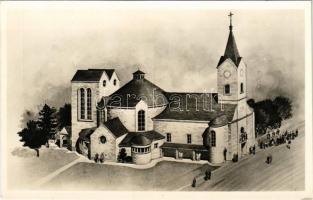 Tárnok, a megnagyobbítandó római katolikus templom külső látképe. Tervezte Urbányi Vilmos építőművész (1942)