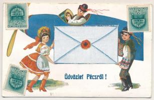 1941 Pécs, magyar népviseletes leporellólap 10 kis képpel és repülőgéppel (fa)