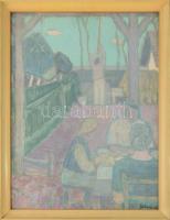 Jakuba János (1909-1974): Asztal mellett. Olaj, farost, jelezve jobbra lent. Hátoldalán Képcsarnok Vállalat címkéjével és Műcsarnok töredékes raglapjával, fakeretben, 80x60 cm.