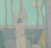 Jakuba János (1909-1974): Asztal mellett. Olaj, farost, jelezve jobbra lent. Hátoldalán Képcsarnok V...