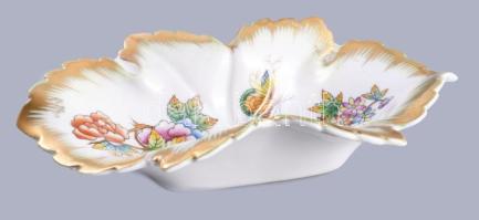 Herendi Viktória mintás levél alakú tálka. Jelzett, restaurált, h: 15,5 cm