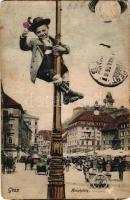 Graz (Steiermark), Hauptplatz / main square, market, café. Montage with boy sliding down a lamp post (EB)