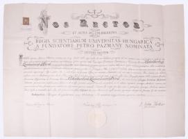 1927 M. Kir. Pázmány Péter Tudományegyetem orvosi diplomája, felsővisói Fináczy Ernő (1860-1935) rektor, csurgói báró Kétly László (1873-1936) orvosi kar dékánja aláírásaival, hajtott, okmánybélyeggel, bélyegzésekkel, hajtott.