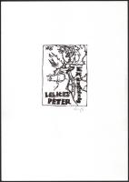 König (Kőnig) Róbert (1951-2014): Ex libris Lelkes Péter. Linómetszet, papír, jelzett, 10x7,5 cm