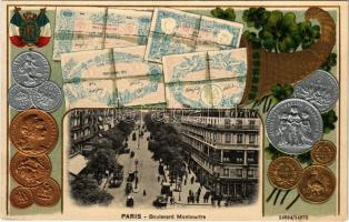 Paris, Boulevard Montmartre. Art Nouveau, Emb. litho with French coins and banknotes (pinhole)