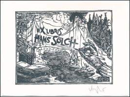 König (Kőnig) Róbert (1951-2014): Ex libris Hans Sölch, 1996. Linómetszet, papír, jelzett, papírra k...