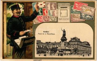 Paris, Place de la République / square, tram. Art Nouveau, Emb. litho with postman and French stamps (pinhole)