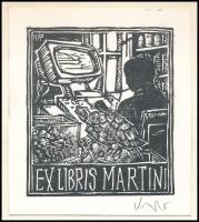 König (Kőnig) Róbert (1951-2014): Ex libris Martini. Linómetszet, papír, jelzett, papírra kasírozva,...