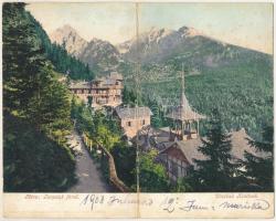 1908 Tátra, Magas-Tátra, Vysoké Tatry; Tarpatak füred. 2-részes kihajtható panorámalap. Cattarino Sándor kiadása 189. sz. / Wildbad Kohlbach / hotel, mountain peak, spa. 2-tiled folding panoramacard (hajtásnál kopott / worn at fold)