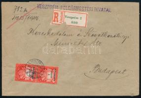 1946 (27. díjszabás) Ajánlott levél 1 millió AP párral bérmentesítve / Mi 941 pair on registered cover "VESZPRÉM" - Budapest