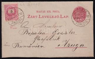 1893 5kr díjjegyes zárt levelezőlap 5kr díjkiegészítéssel Budapestről Romániába küldve / PS-cover card with additional franking