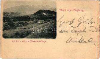 1898 Törcsvár, Törzburg, Bran-Poarta, Bran; Törcsvár a Bucsecs-hegységgel. H. Zeidner kiadása, A. Schäfer felvétele / Törzburg mit dem Bucsecs-Gebirge (kis szakadás / small tear)