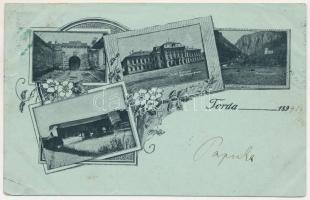 1899 Torda, Turda; Torda-Aranyos vármegyeháza, sóbánya bejárata, híd, Tordai hasadék / Turda-Aries county hall, salt mine, bridge, mountain pass, gorge. Art Nouveau, floral (ázott / wet damage)