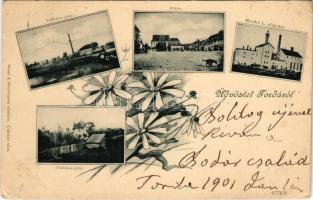 1901 Torda, Turda; Cellulózgyár, Fő tér, Mendel L. sörgyára. Botár J. fényképész kiadása / cellulose factory, pulp factory, main square, brewery, beer factory. Art Nouveau, floral (tűnyomok / pin marks)